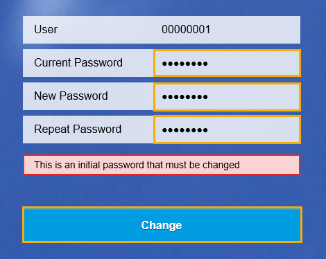 Change password screen with current password, new password, repeat password fields, and change button highlighted