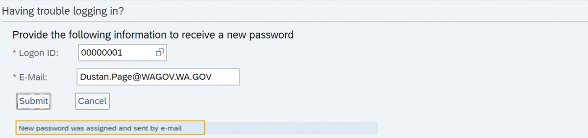 Screen with title "Having trouble logging in?" with message “New password was assigned and sent by email” highlighted