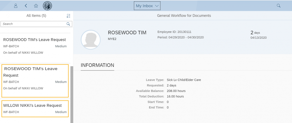 My Inbox page with employees leave requests highlighted