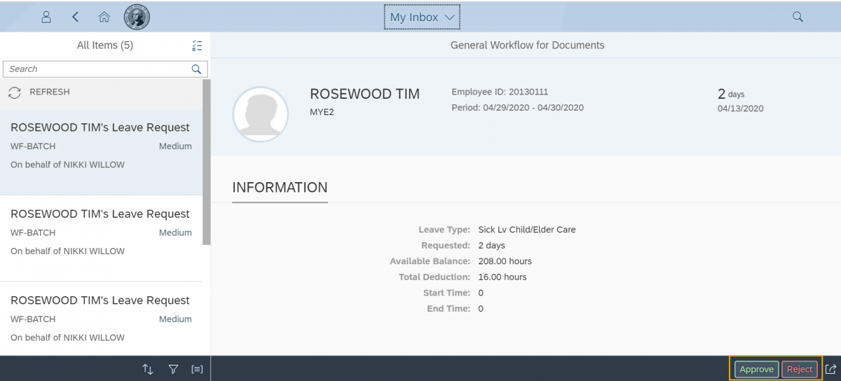 My Inbox page with Approve and Reject buttons highlighted
