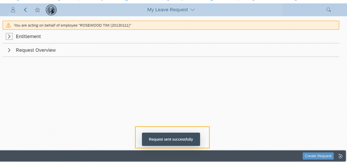 My Leave Request window with "Request sent successfully" message highlighted