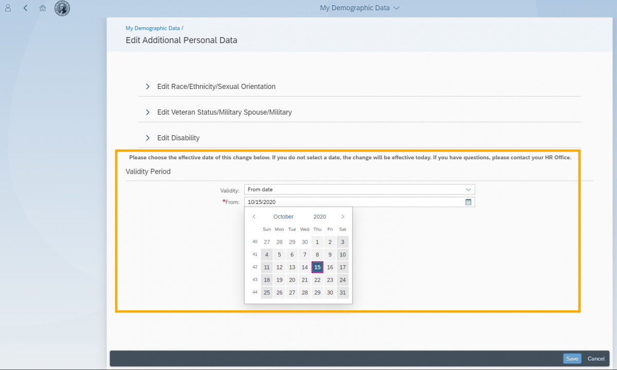Edit Additional Demographic Data screen with Validity Period section highlighted