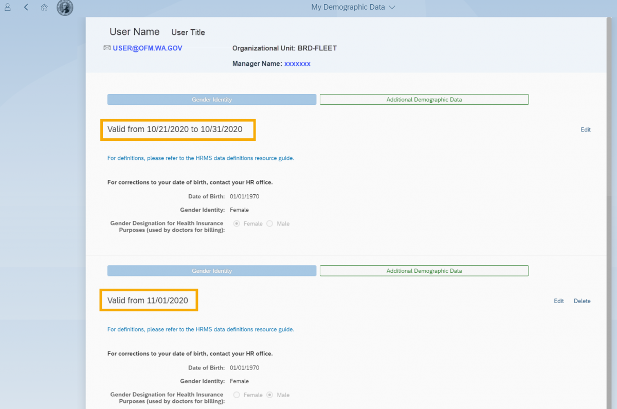 Edit Gender Identity screen with two Validity Period dates highlighted