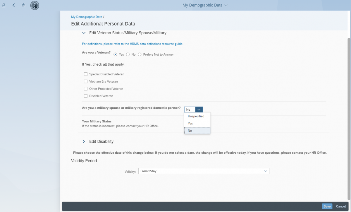 Edit Additional Demographic Data screen with Edit Veteran Status/Military Spouse/Military section expanded