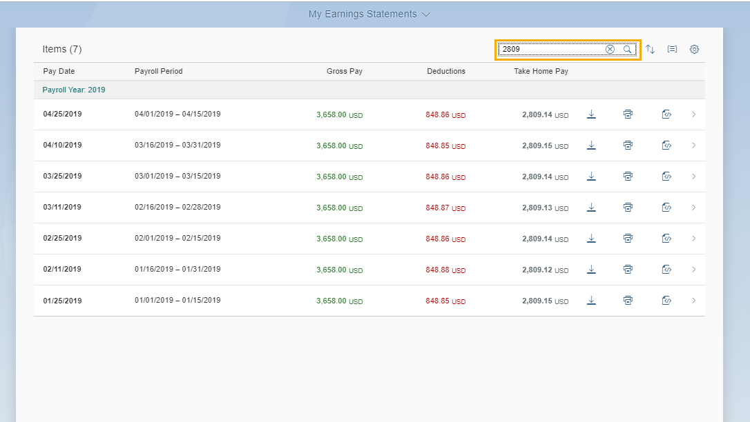Earnings statements page is displayed with Search field highlighted.