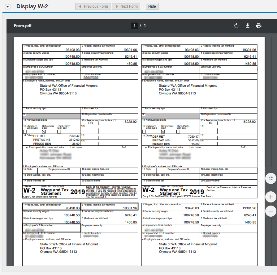Screen shot of display W-2 page with w-2in PDF format