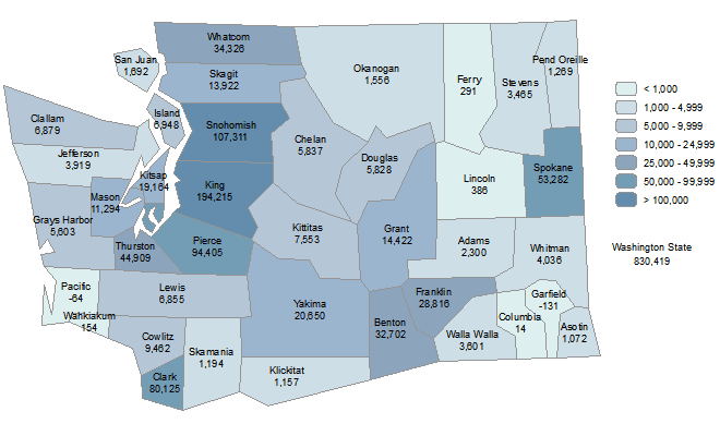 Population Change by County for 2000 to 2010 for Washington Counties